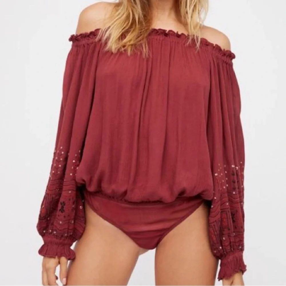 Free People S Red Gauze Embroidered Balloon Sleeve Ella Bodysuit Top Blouse Boho